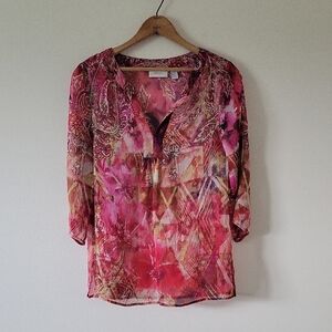 Chico's Sheer Pink Floral Paisley Mixed Print Popover Blouse Size Small